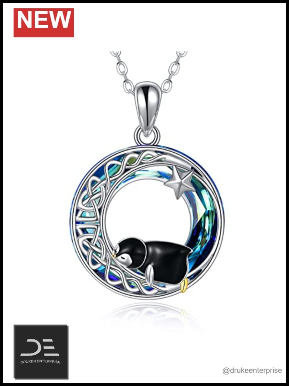 Sterling Silver Penguin Pendant Necklace Moon Star Jewelry Gift for Women